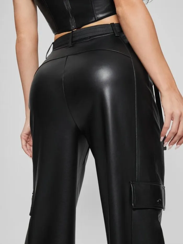 Women GUESS Bottoms Gwen FauxLeather Cargo Pants Jet Black Multi