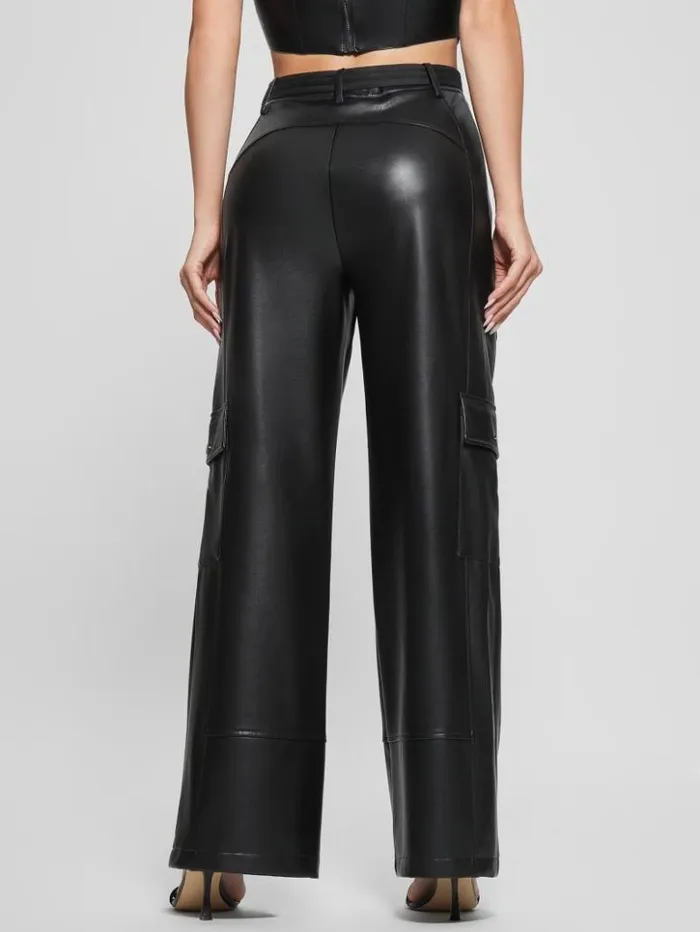 Women GUESS Bottoms Gwen FauxLeather Cargo Pants Jet Black Multi