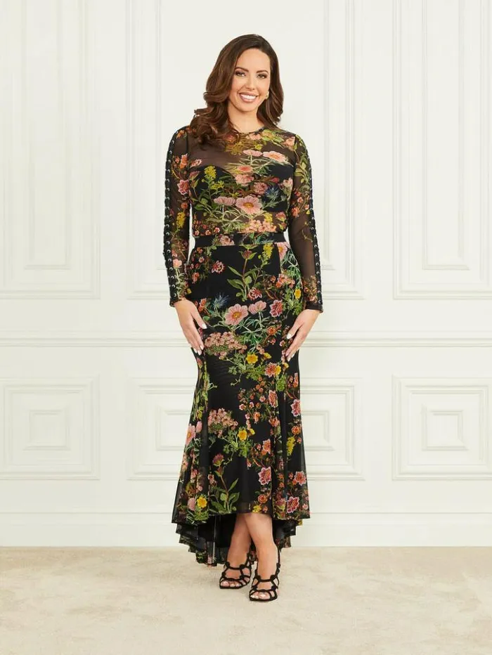 Women GUESS Bottoms Lewis Mesh Skirt Black Beauty Print