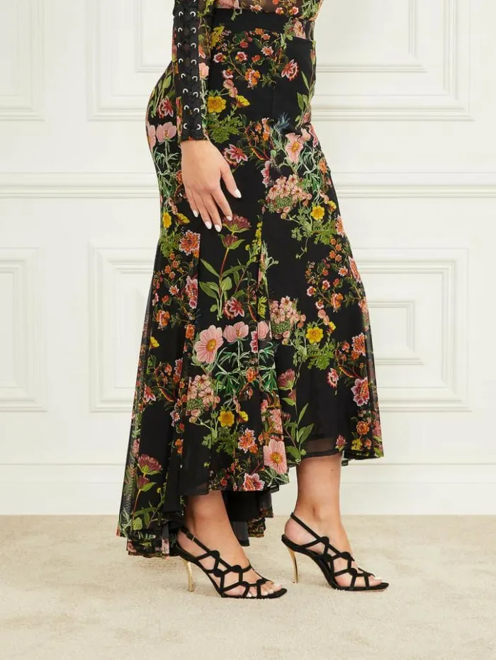 Women GUESS Bottoms Lewis Mesh Skirt Black Beauty Print
