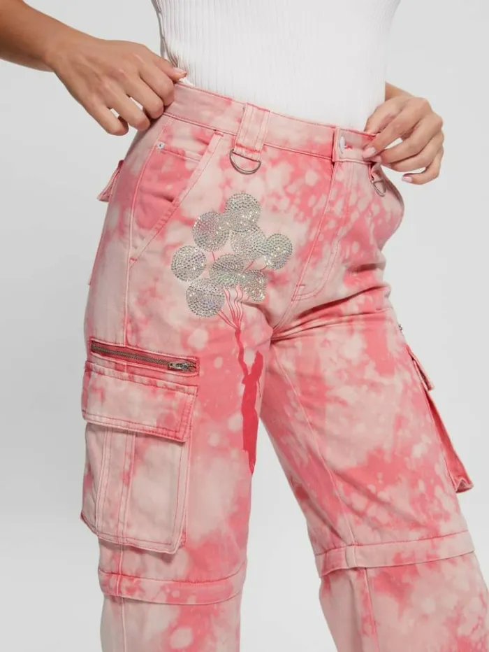 Women GUESS Bottoms Malia Convertible WideLeg Cargo Pants Morning Pink Tie Dye
