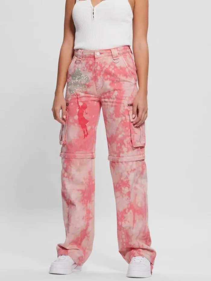 Women GUESS Bottoms Malia Convertible WideLeg Cargo Pants Morning Pink Tie Dye Women GUESS Bottoms Malia Convertible WideLeg Cargo Pants Morning Pink Tie Dye