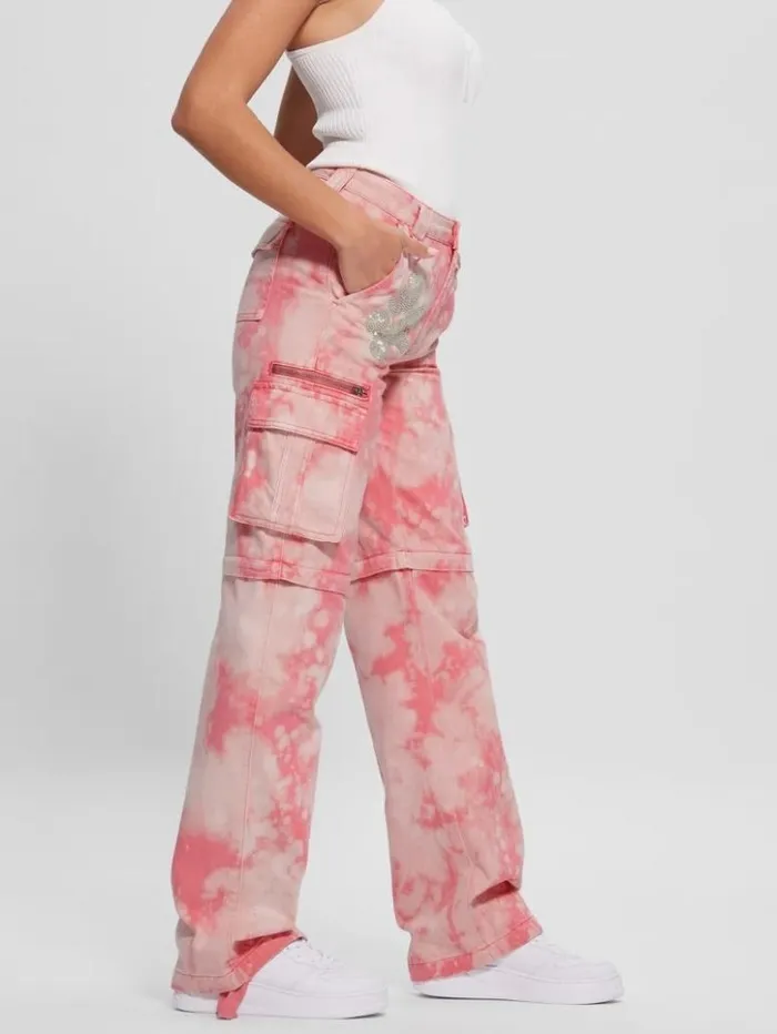 Women GUESS Bottoms Malia Convertible WideLeg Cargo Pants Morning Pink Tie Dye Women GUESS Bottoms Malia Convertible WideLeg Cargo Pants Morning Pink Tie Dye