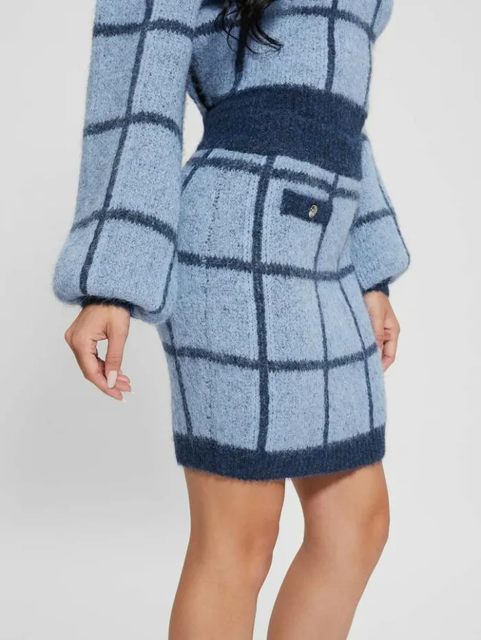 Women GUESS Bottoms Nadia Plaid Sweater Skirt Blue Check