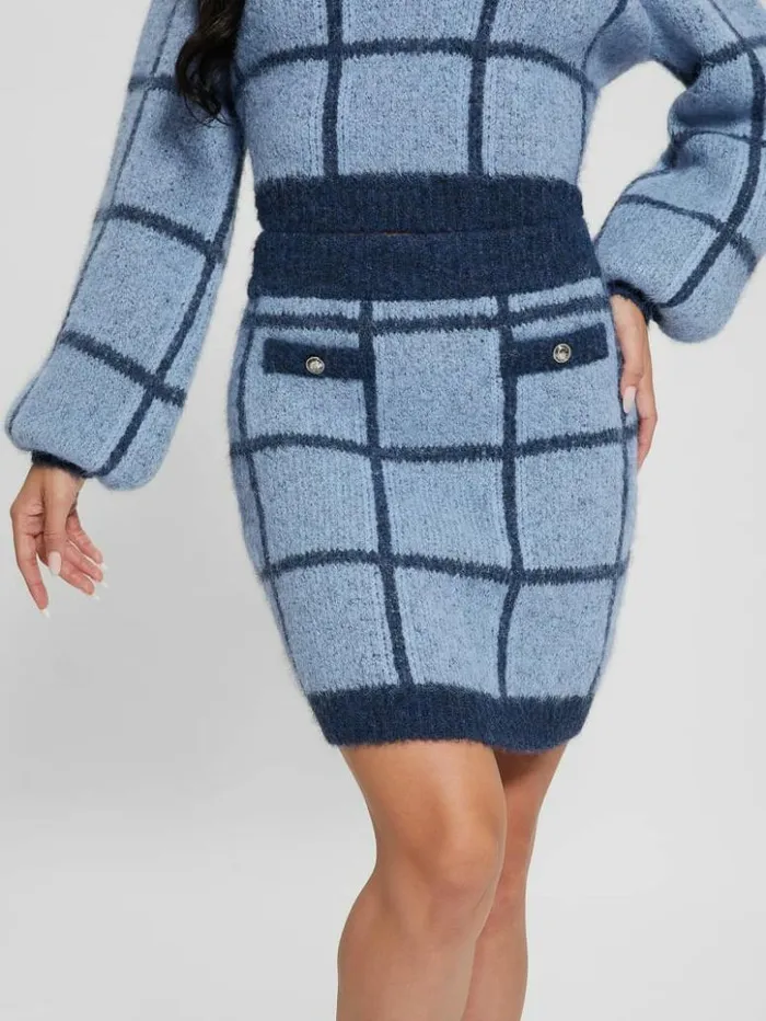 Women GUESS Bottoms Nadia Plaid Sweater Skirt Blue Check