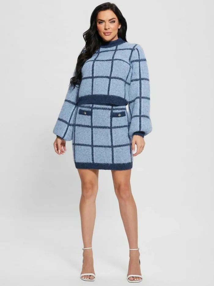 Women GUESS Bottoms Nadia Plaid Sweater Skirt Blue Check