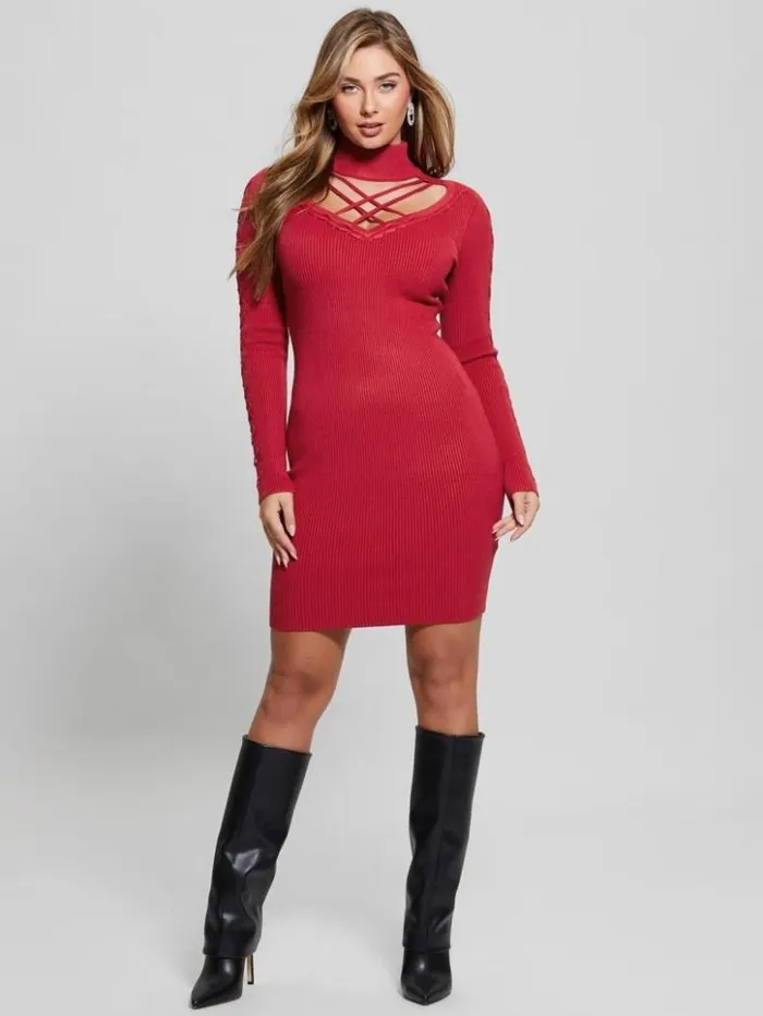 Women GUESS Dresses and Jumpsuits Eco Dylan Mock Neck Cutout Dress Chili Red