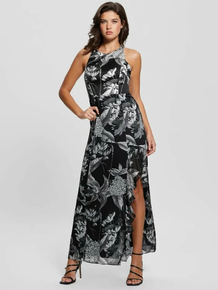 Women GUESS Dresses and Jumpsuits Eco Evangelina Maxi Dress Phantom Flora Print Black Women GUESS Dresses and Jumpsuits Eco Evangelina Maxi Dress Phantom Flora Print Black