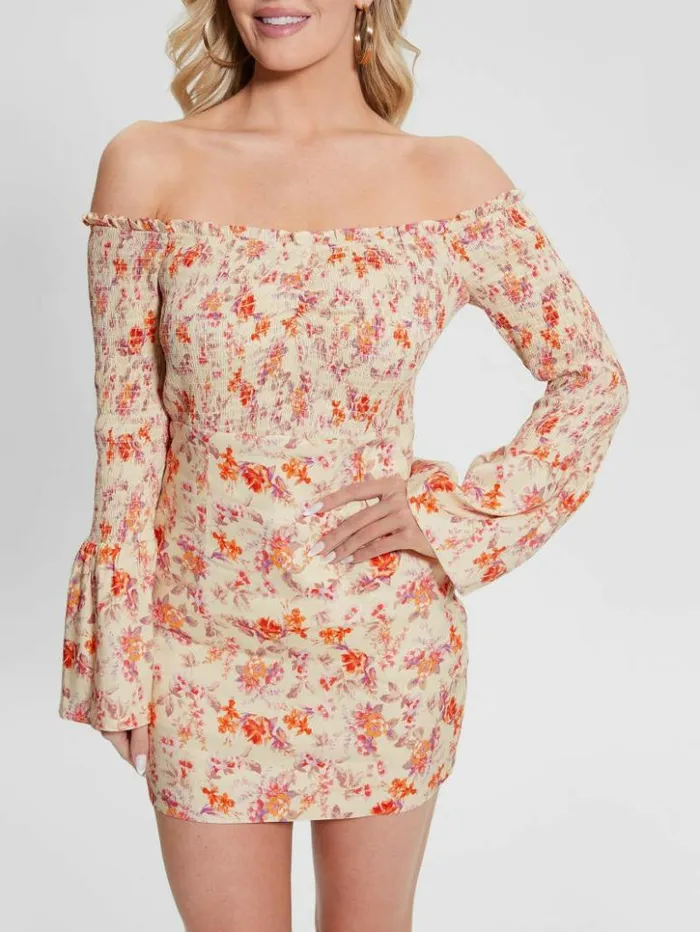Women GUESS Dresses and Jumpsuits Eco OfftheShoulder Hailey Dress Catalina Mini Blooms Women GUESS Dresses and Jumpsuits Eco OfftheShoulder Hailey Dress Catalina Mini Blooms