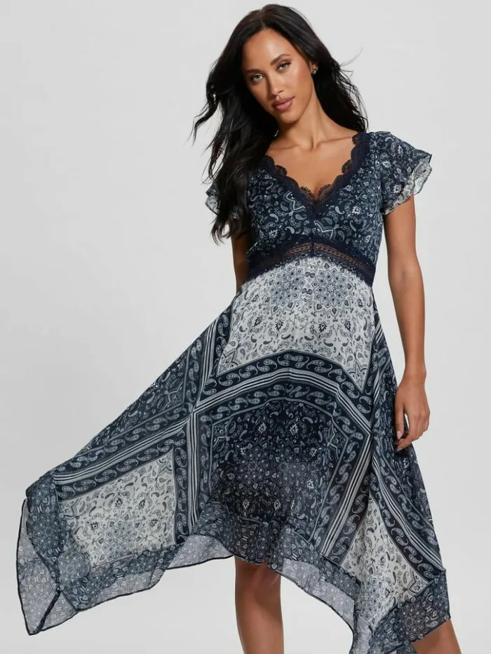 Women GUESS Dresses and Jumpsuits Eco Tania Chiffon Midi Dress Sashiko Bandana Print Women GUESS Dresses and Jumpsuits Eco Tania Chiffon Midi Dress Sashiko Bandana Print