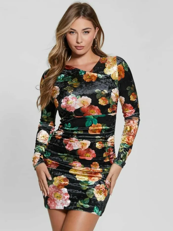Women GUESS Dresses and Jumpsuits Eco Tess Velvet Dress Peony Charm Print Black Women GUESS Dresses and Jumpsuits Eco Tess Velvet Dress Peony Charm Print Black