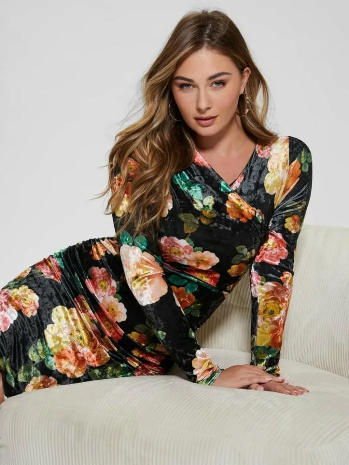 Women GUESS Dresses and Jumpsuits Eco Tess Velvet Dress Peony Charm Print Black Women GUESS Dresses and Jumpsuits Eco Tess Velvet Dress Peony Charm Print Black