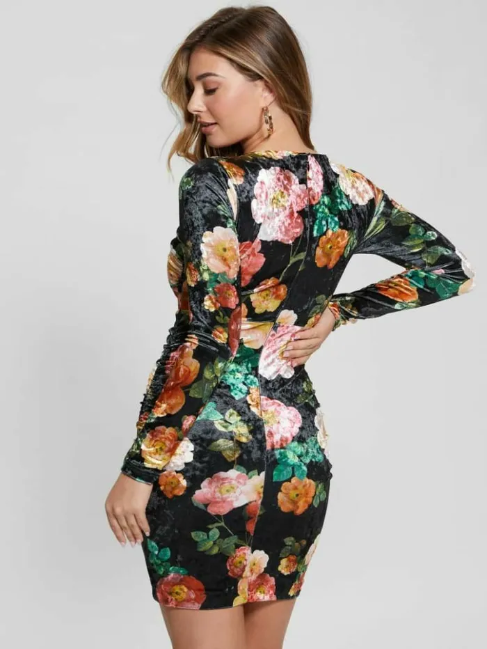 Women GUESS Dresses and Jumpsuits Eco Tess Velvet Dress Peony Charm Print Black Women GUESS Dresses and Jumpsuits Eco Tess Velvet Dress Peony Charm Print Black