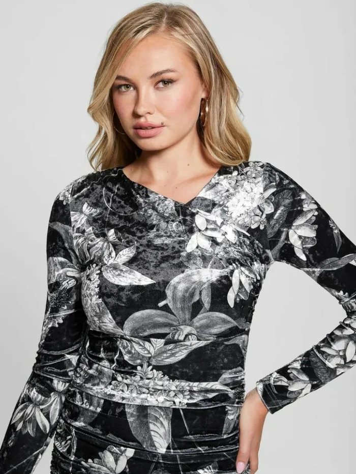 Women GUESS Dresses and Jumpsuits Eco Tess Velvet Dress Phantom Flora Print Black Women GUESS Dresses and Jumpsuits Eco Tess Velvet Dress Phantom Flora Print Black