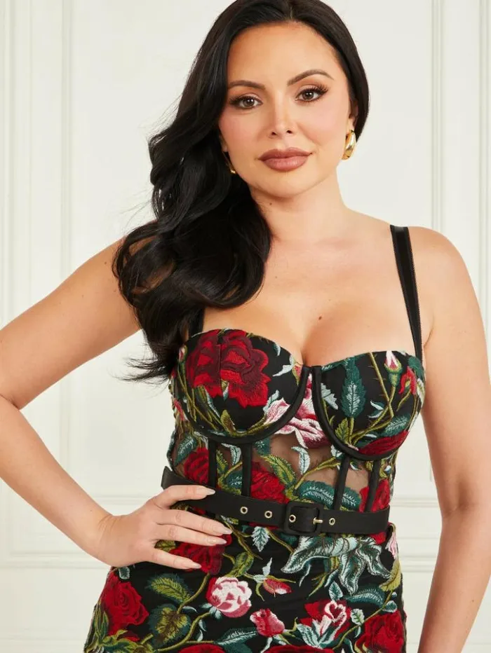 Women GUESS Dresses and Jumpsuits Embroidered Floral Corset Dress Black Floral Multi Women GUESS Dresses and Jumpsuits Embroidered Floral Corset Dress Black Floral Multi