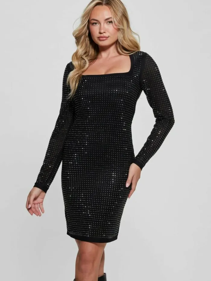 Women GUESS Dresses and Jumpsuits Emilie Rhinestone Dress Black Cave Multi