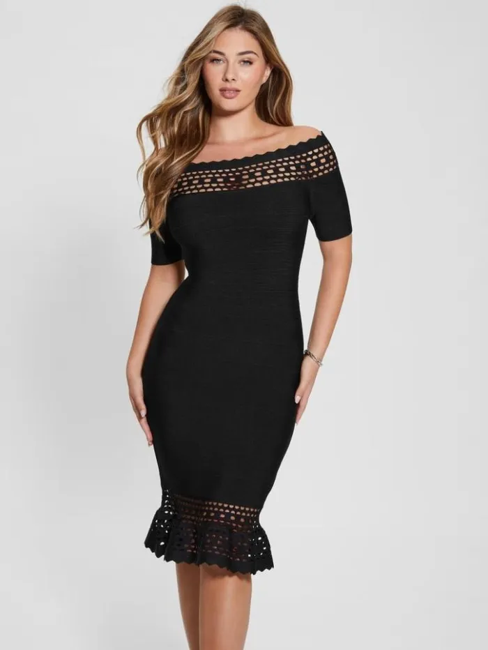Women GUESS Dresses and Jumpsuits Gabriela OfftheShoulder Bandage Dress Black Women GUESS Dresses and Jumpsuits Gabriela OfftheShoulder Bandage Dress Black