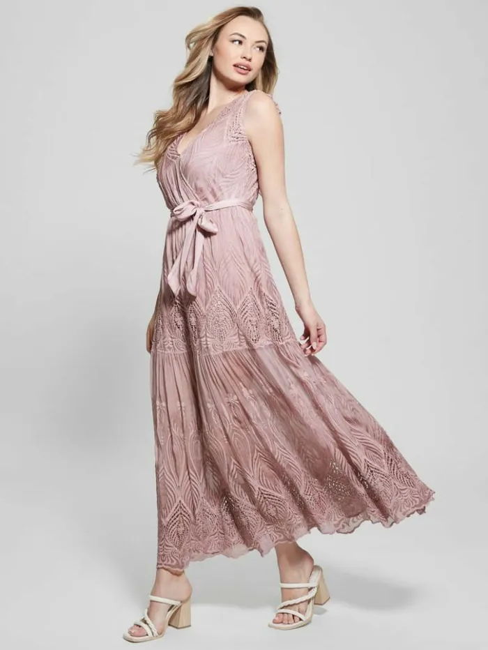 Women GUESS Dresses and Jumpsuits Pam Embroidered Long Dress Vintage Blush Multi