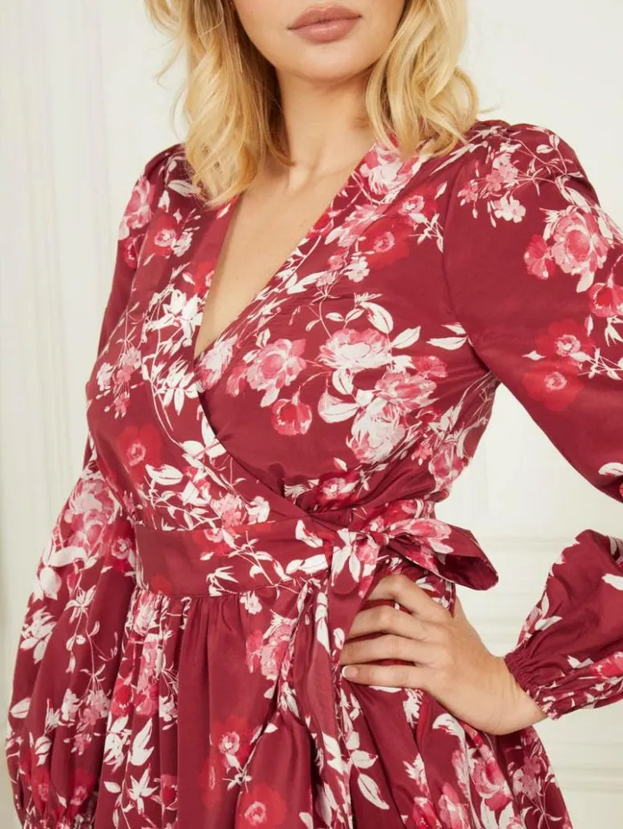 Women GUESS Dresses and Jumpsuits Petal Pose Wrap Dress Petal Pose Dark Jam Red Women GUESS Dresses and Jumpsuits Petal Pose Wrap Dress Petal Pose Dark Jam Red