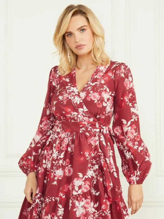 Women GUESS Dresses and Jumpsuits Petal Pose Wrap Dress Petal Pose Dark Jam Red Women GUESS Dresses and Jumpsuits Petal Pose Wrap Dress Petal Pose Dark Jam Red