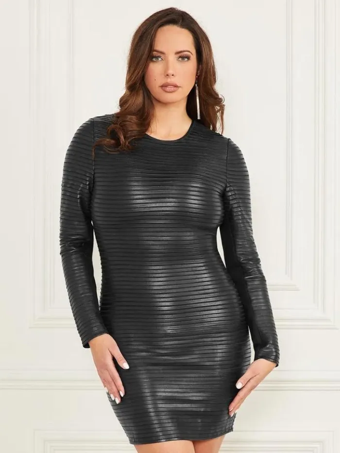 Women GUESS Dresses and Jumpsuits Tribute Pleated Leather Dress Black