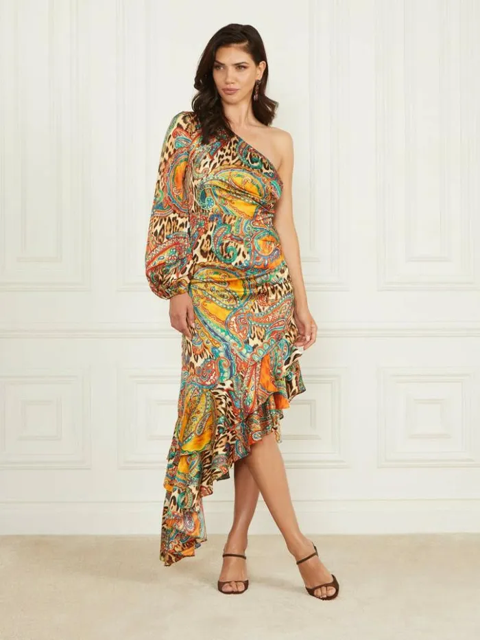 Women GUESS Dresses and Jumpsuits Tricia Ruffle Dress Phoenix Rising Print