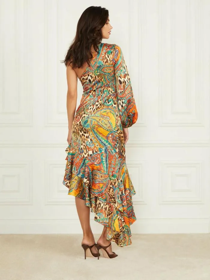 Women GUESS Dresses and Jumpsuits Tricia Ruffle Dress Phoenix Rising Print