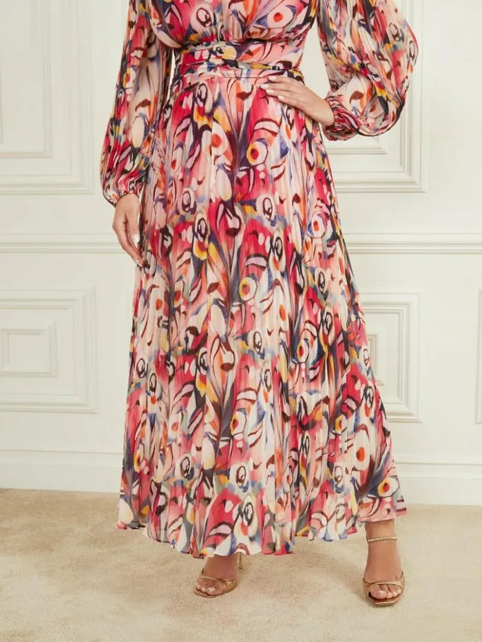 Women GUESS Dresses and Jumpsuits Wonderland Pleated Maxi Dress Wonderland Print Women GUESS Dresses and Jumpsuits Wonderland Pleated Maxi Dress Wonderland Print