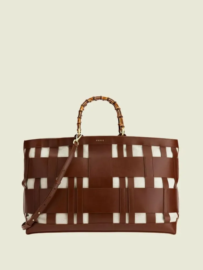 Women GUESS Handbags Aida Woven Leather Maxi Satchel Cognac