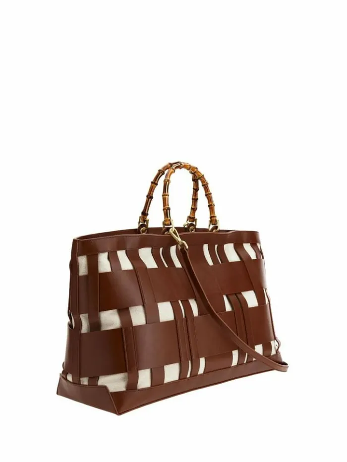 Women GUESS Handbags Aida Woven Leather Maxi Satchel Cognac