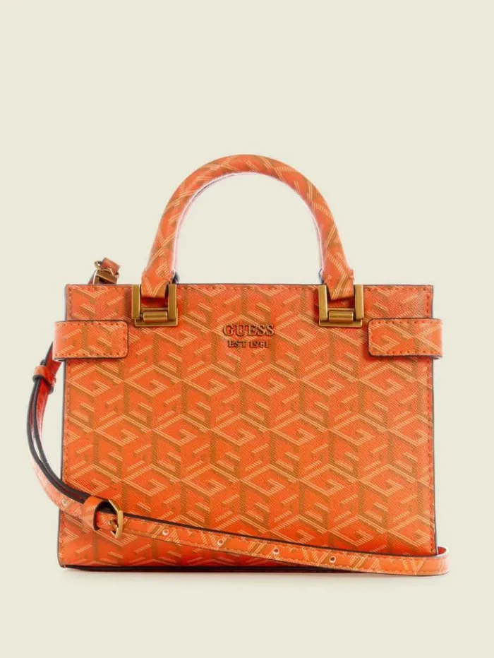 Women GUESS Handbags Atene Mini Satchel Orange Logo