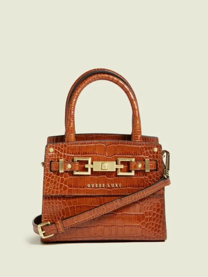 Women GUESS Handbags Cristina Leather Mini Satchel Cognac