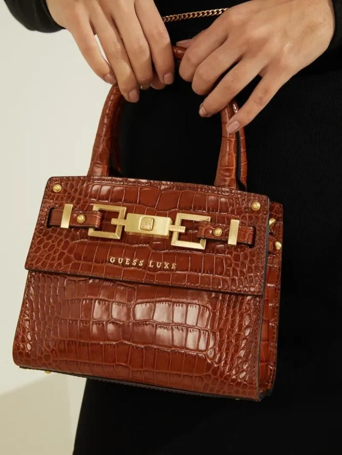 Women GUESS Handbags Cristina Leather Mini Satchel Cognac