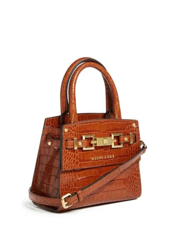 Women GUESS Handbags Cristina Leather Mini Satchel Cognac