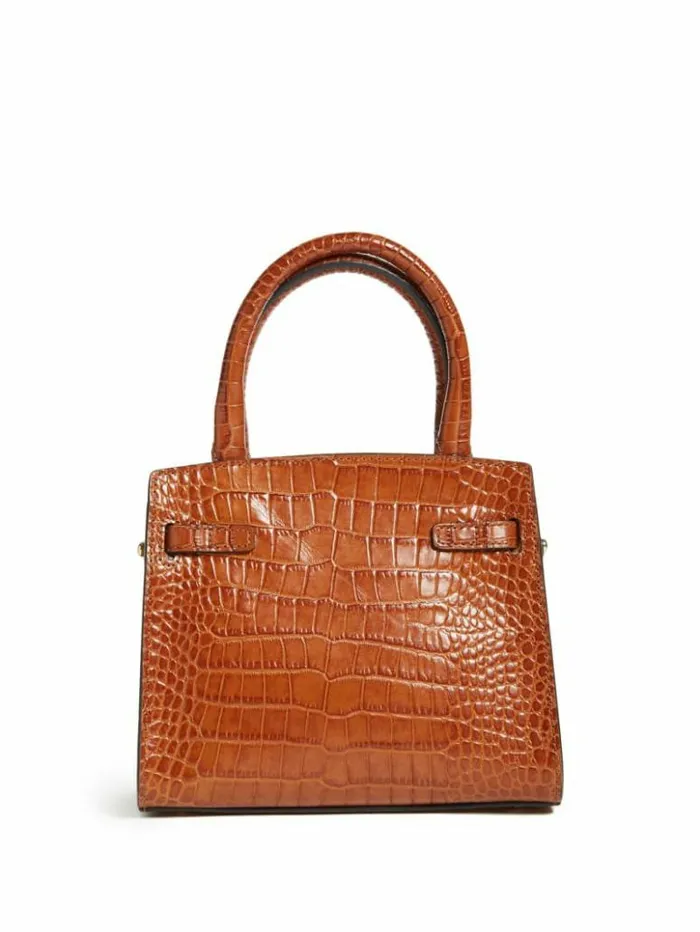 Women GUESS Handbags Cristina Leather Mini Satchel Cognac