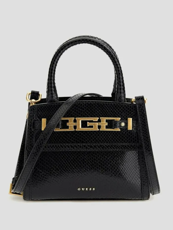 Women GUESS Handbags Cristina Small Leather Satchel Black Floral Print