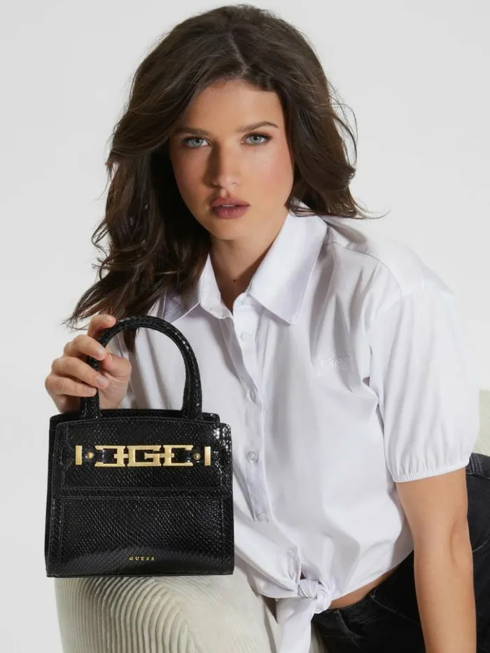 Women GUESS Handbags Cristina Small Leather Satchel Black Floral Print