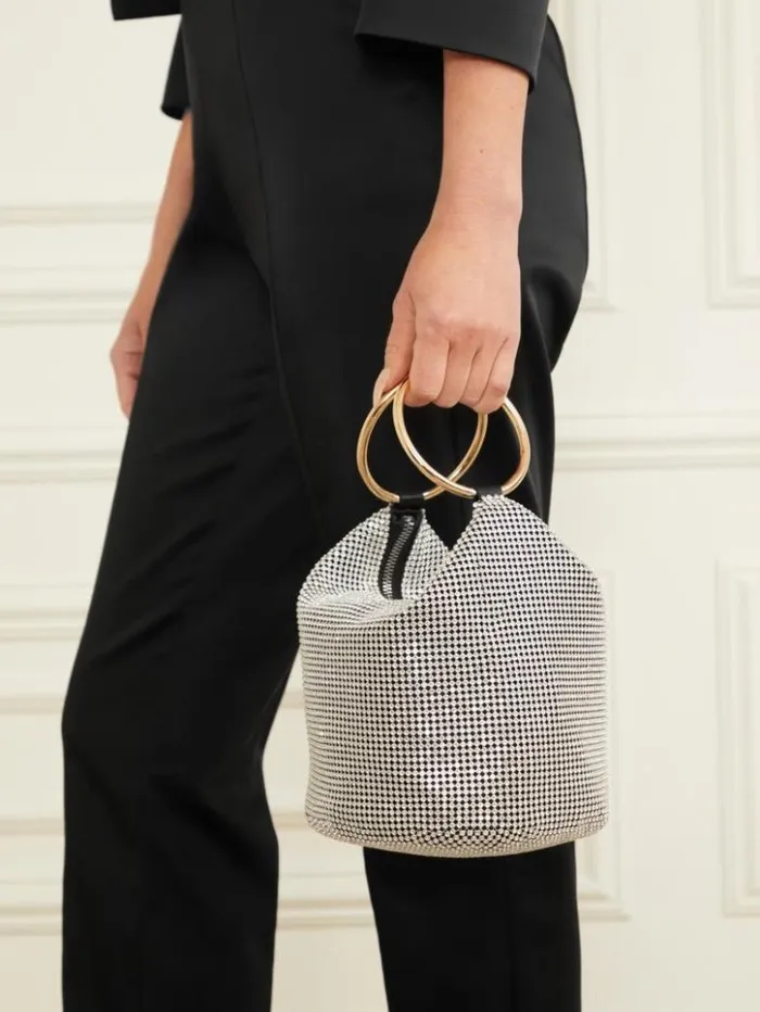 Women GUESS Handbags Crystal Mesh Bag Silvergold