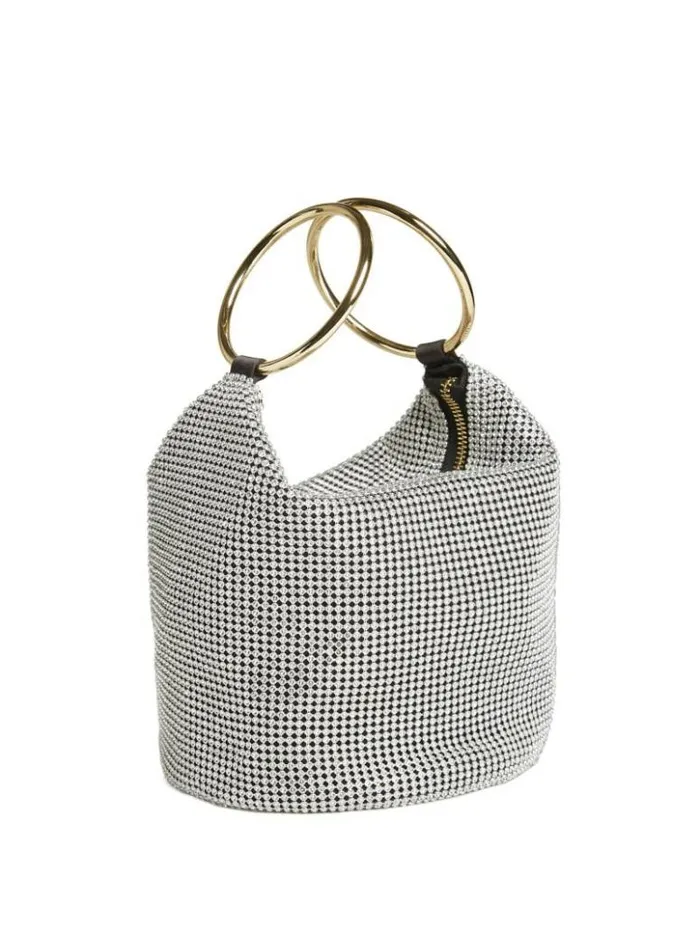 Women GUESS Handbags Crystal Mesh Bag Silvergold