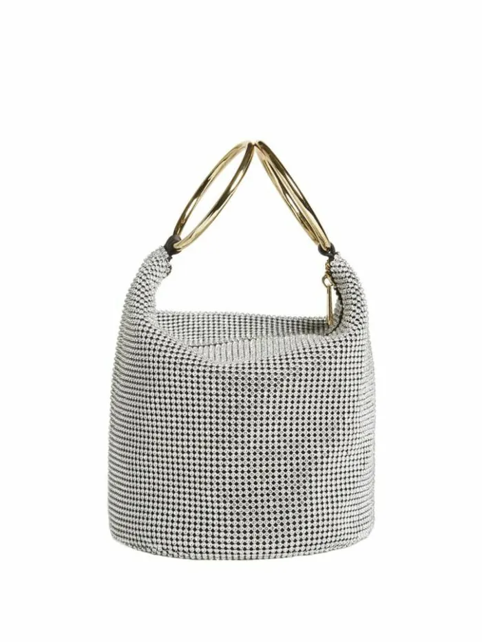 Women GUESS Handbags Crystal Mesh Bag Silvergold
