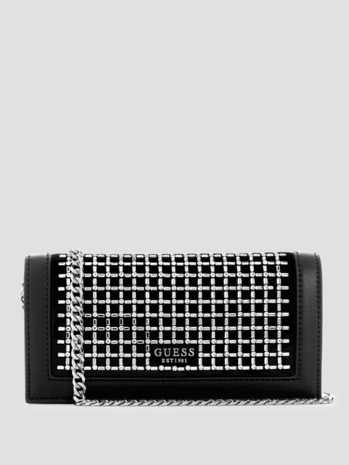 Women GUESS Handbags Gilded Glamour Mini Crossbody Clutch Black Floral Print