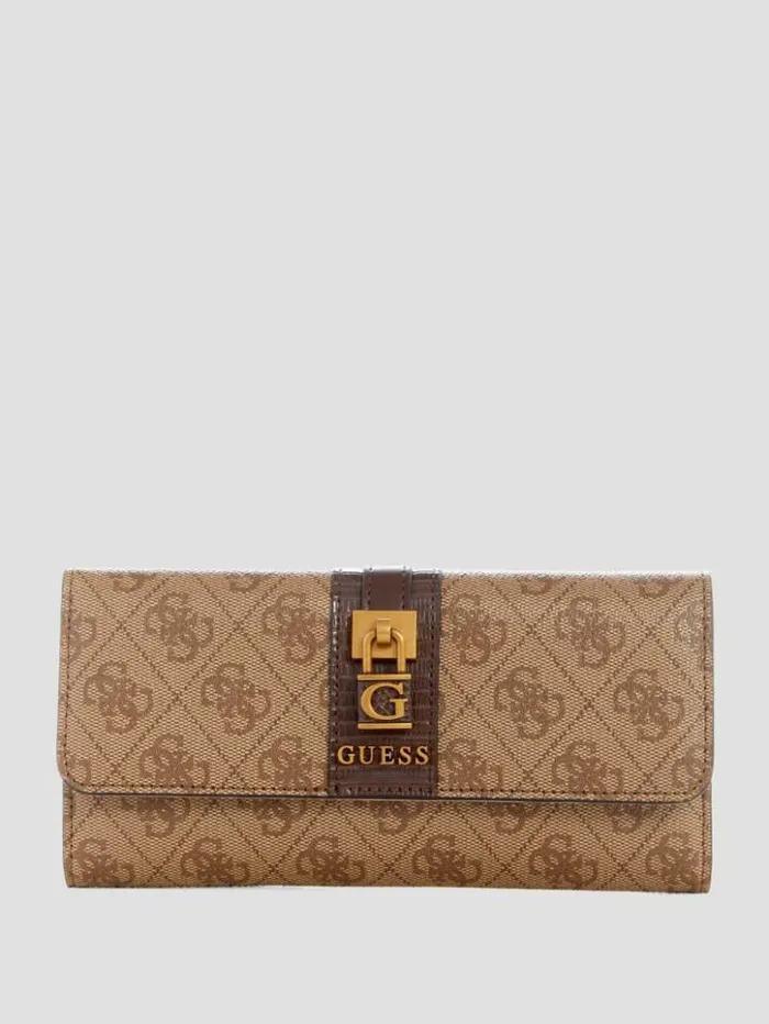 Women GUESS Handbags Ginevra Logo Clutch Wallet Latte Logo