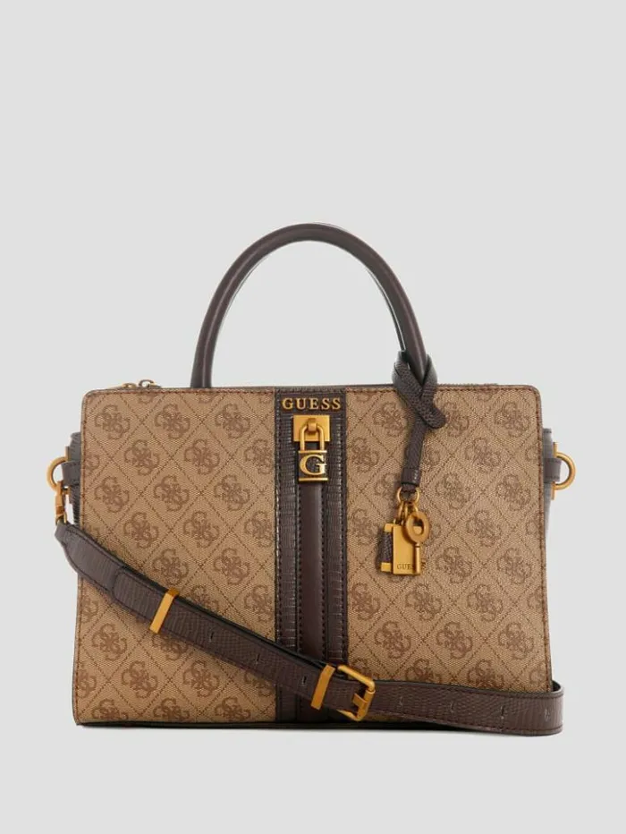 Women GUESS Handbags Ginevra Logo Elite Society Satchel Latte Logo