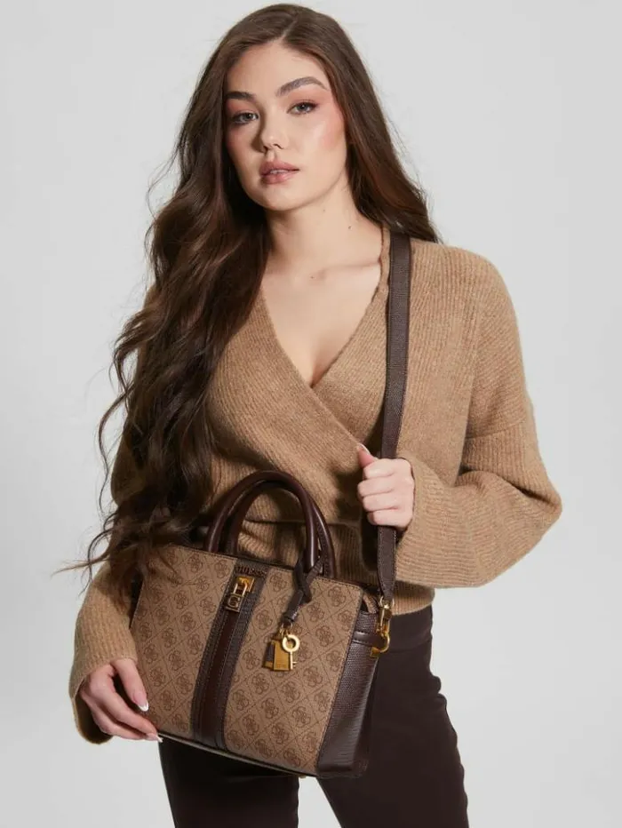 Women GUESS Handbags Ginevra Logo Elite Society Satchel Latte Logo