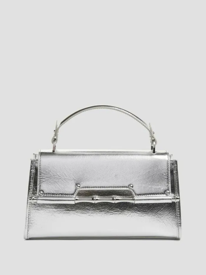 Women GUESS Handbags Iris Metallic Leather Top Handle Bag Silver