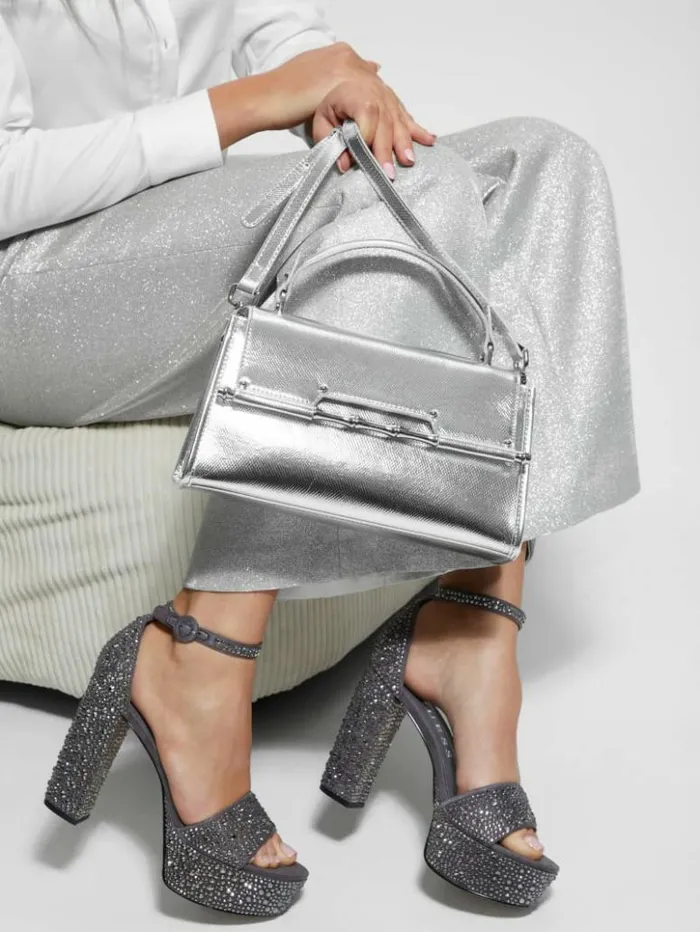 Women GUESS Handbags Iris Metallic Leather Top Handle Bag Silver