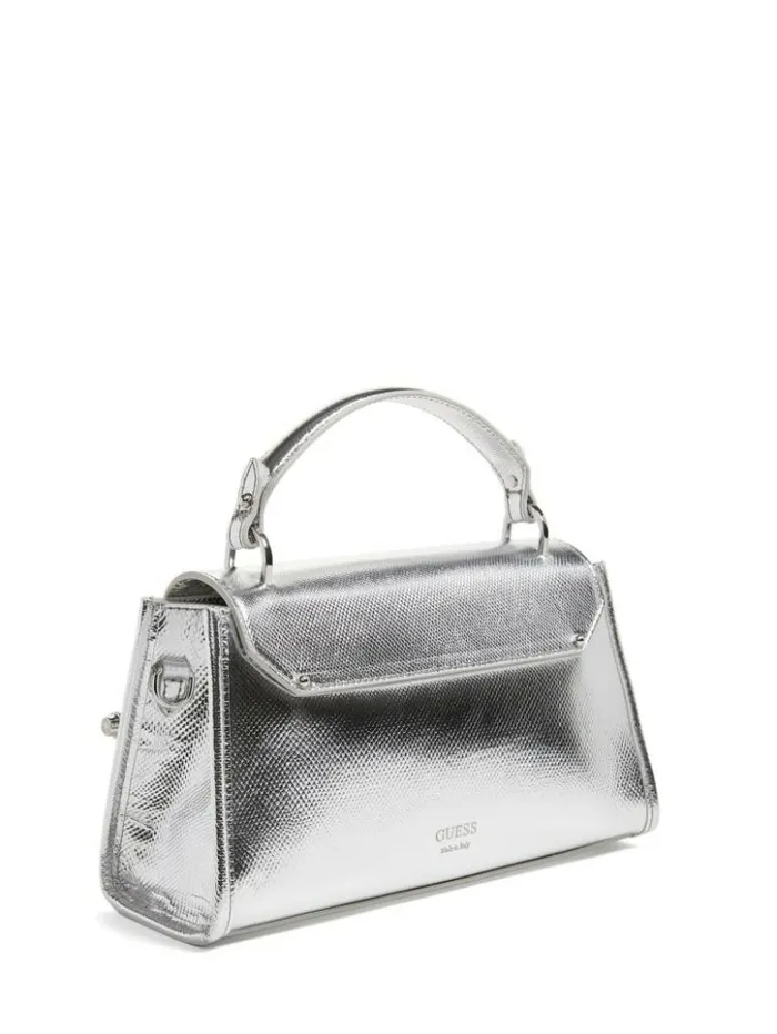 Women GUESS Handbags Iris Metallic Leather Top Handle Bag Silver