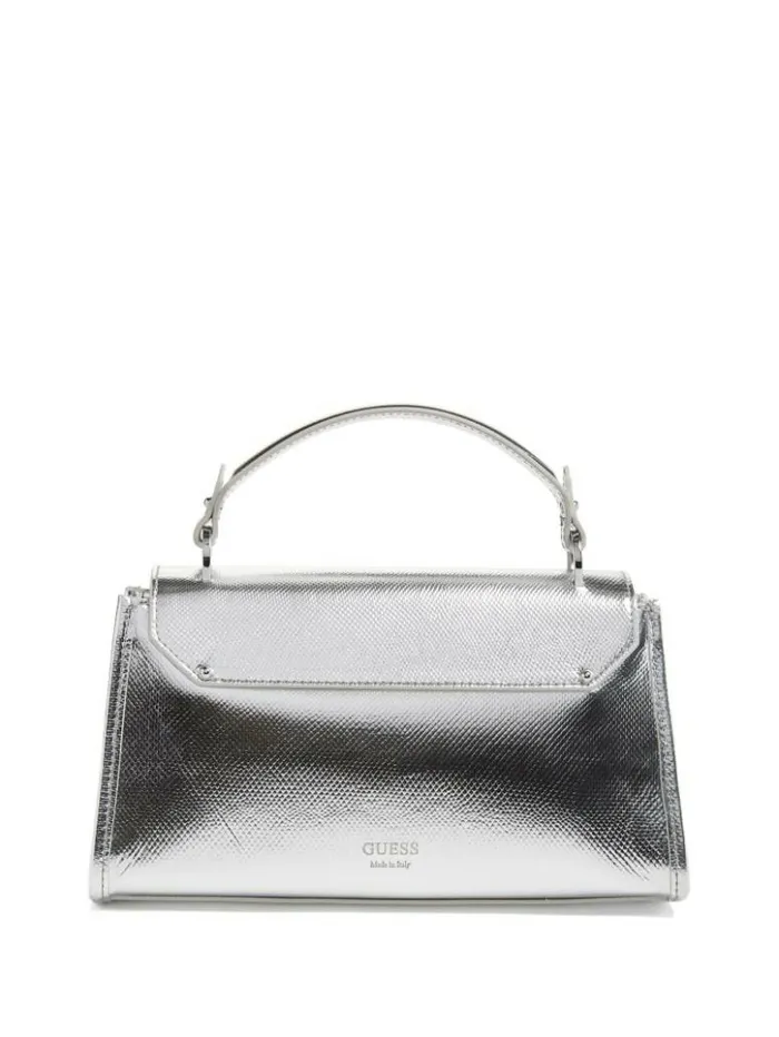 Women GUESS Handbags Iris Metallic Leather Top Handle Bag Silver