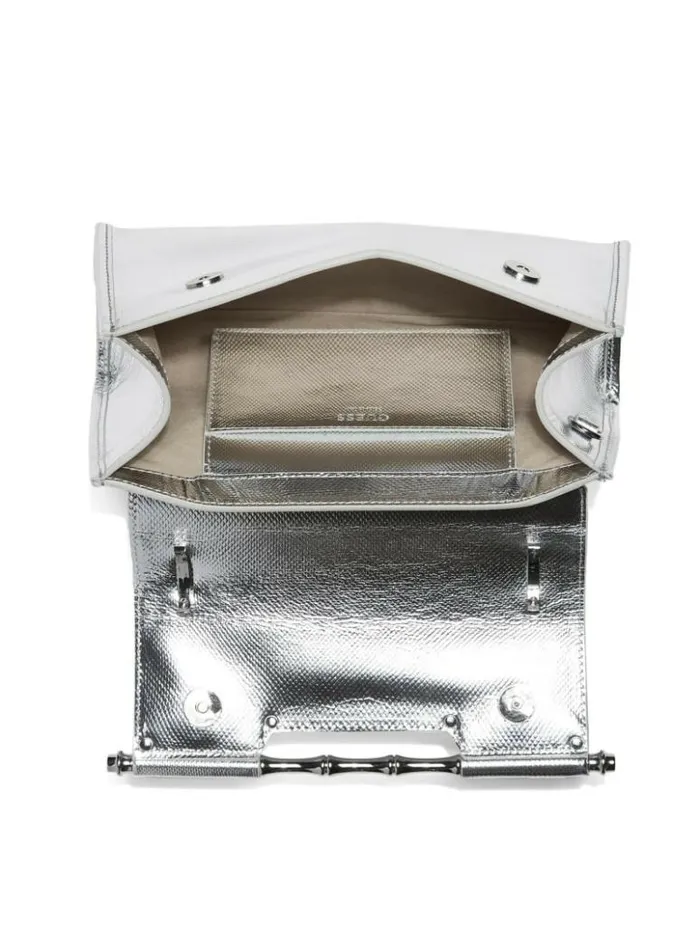 Women GUESS Handbags Iris Metallic Leather Top Handle Bag Silver