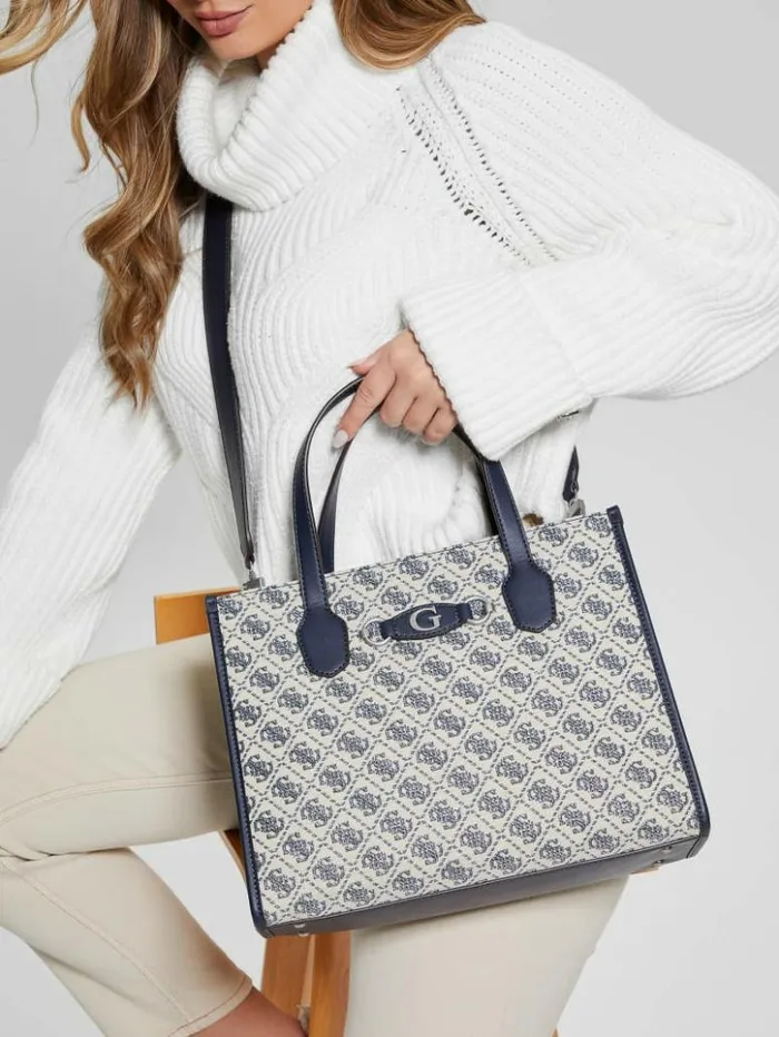 Women GUESS Handbags Izzy Glitter Tote Bag Navy Logo